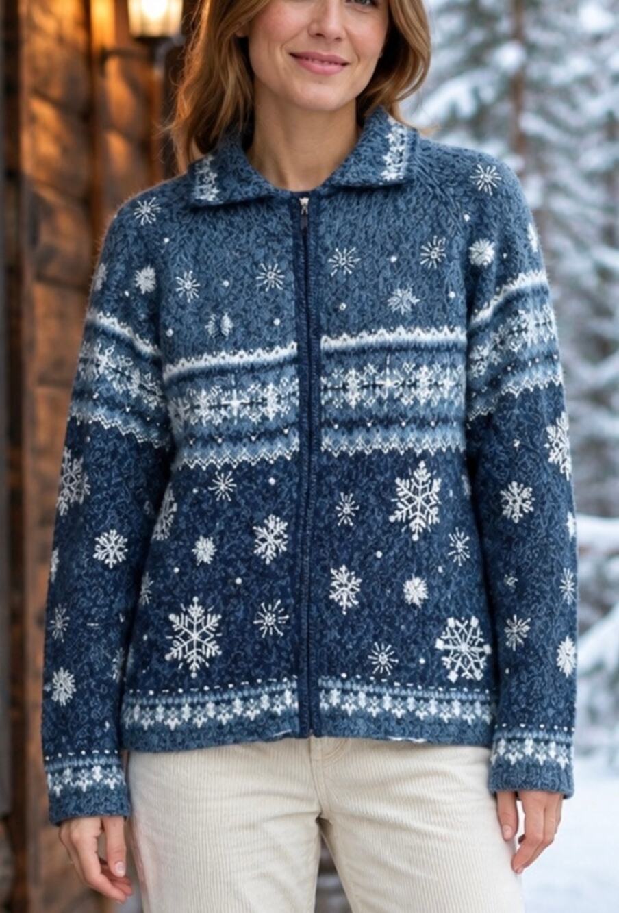 Vintage 2004 Tiara International Blue Beaded Snowflake Zip Cardigan sweater L